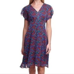 Caparros V-Neck Floral Midi Dress - Blue and Red